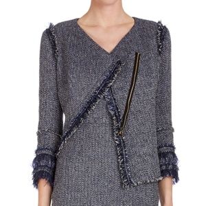 Classy Roland Mouret Tweed Asymmetric Jacket with 3/4 Fringe Sleeves